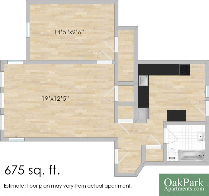 Floor plan for 1 bed, 1 bath, 575 sqft